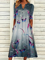 Butterfly Print Short Sleeve Casual Dress with Pockets