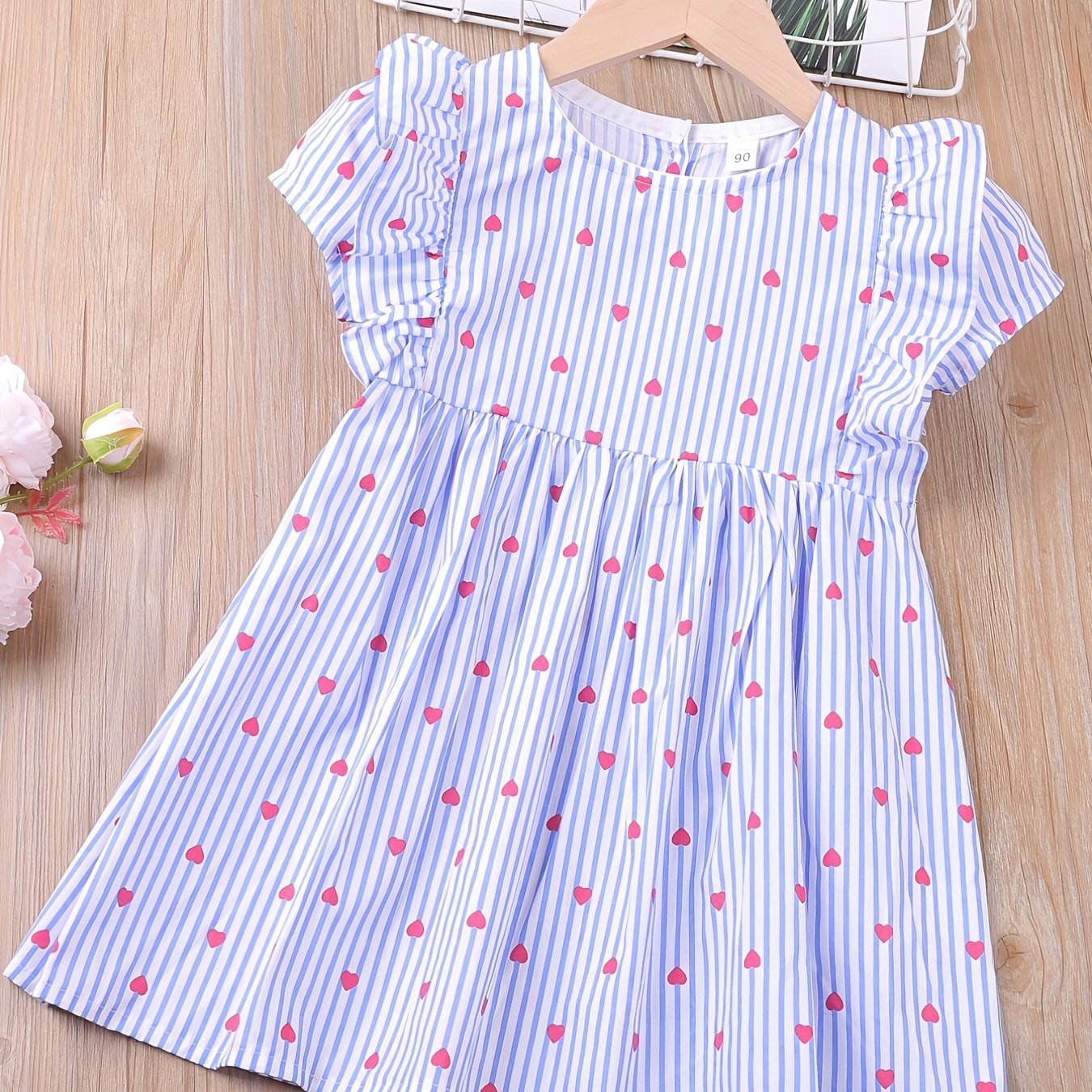 Toddler Girls Puff Sleeve Ruffle Trim Stripe Heart Graphic Princess Dress