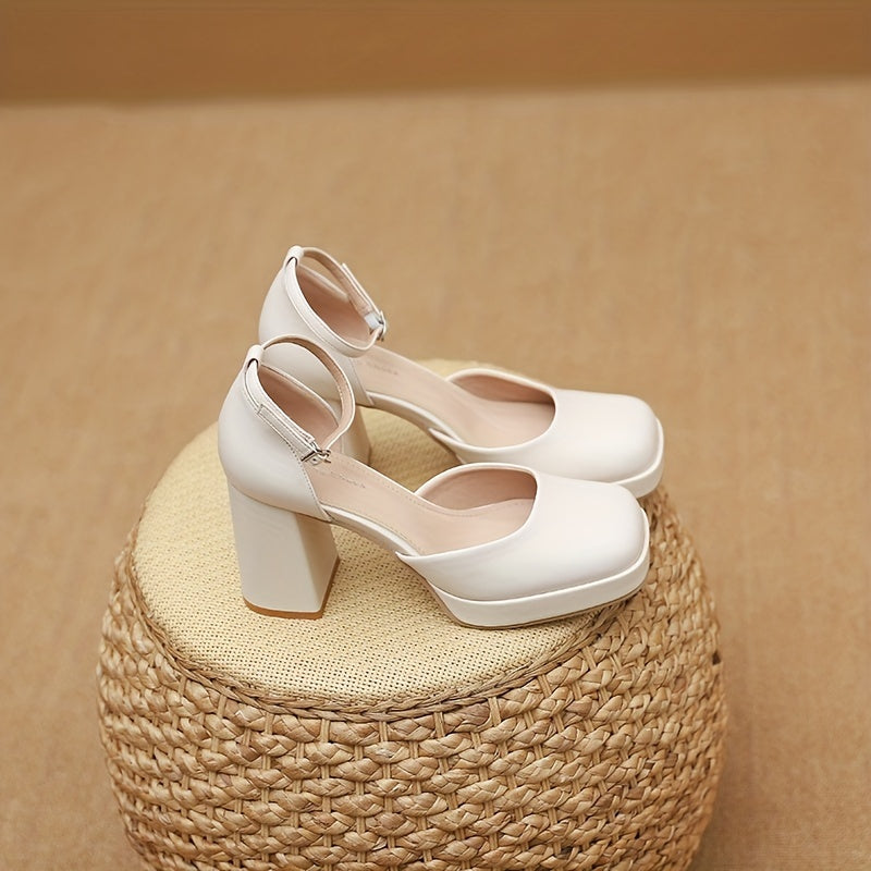 Women's Square Toe Block Heel Pumps with Buckle Strap