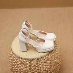 Women's Square Toe Block Heel Pumps with Buckle Strap