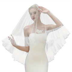 Sheer Ruffled Mesh Bridal Veil with Face Veil Long Flowing Wedding Veil