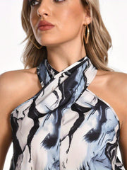 Marble Print Halter Neck Romper Jumpsuit Backless