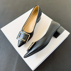Women's Metallic Buckle Decor Slip-On Shallow Mouth Chunky Heel Shoes