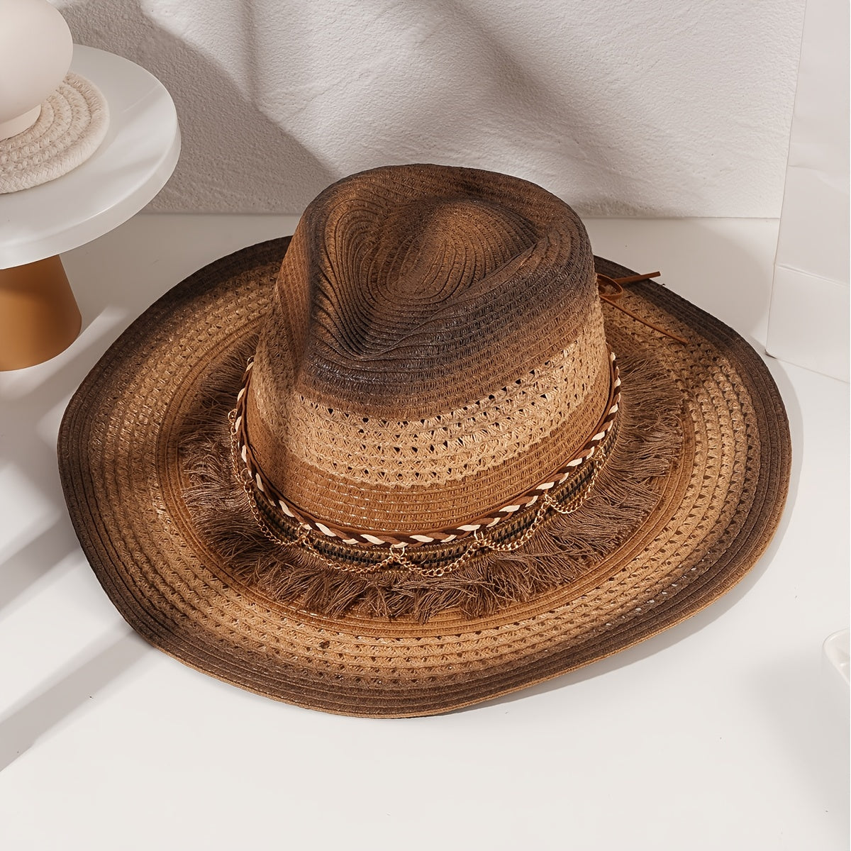 Vintage Cowboy Hat Tassel Belt Gradient Big Brim Straw Hat