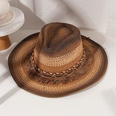 Vintage Cowboy Hat Tassel Belt Gradient Big Brim Straw Hat