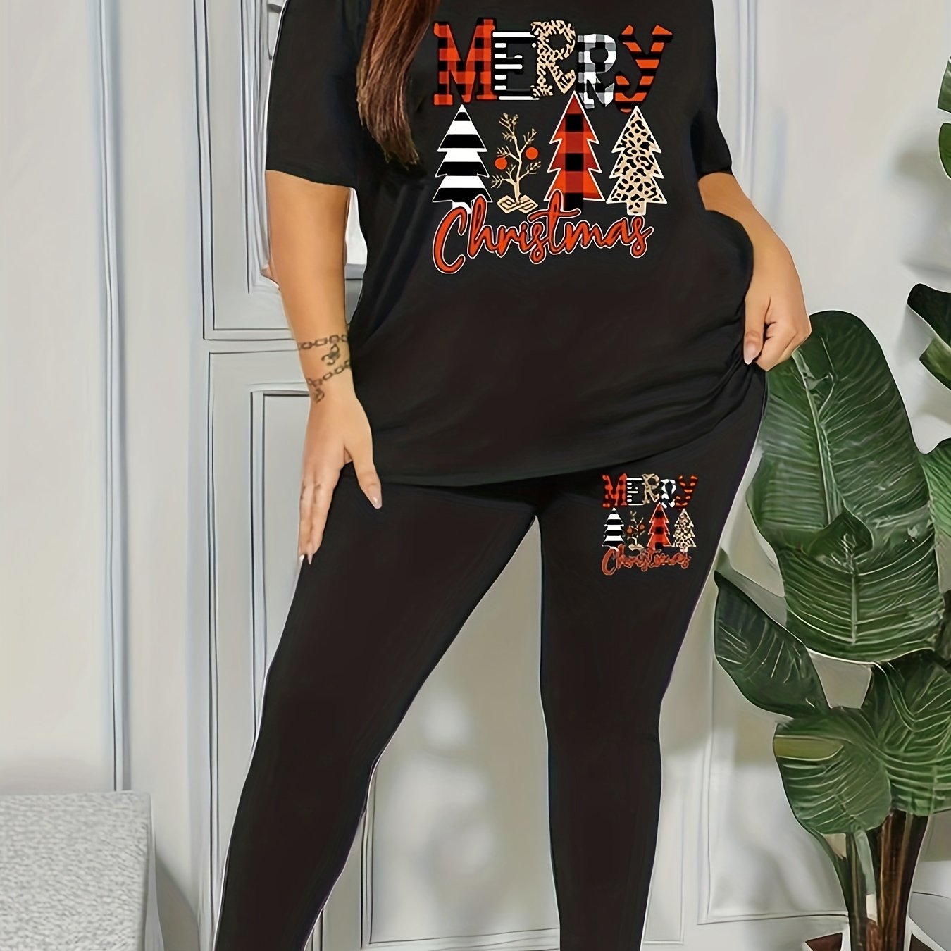 Women's Plus Christmas Tree Print Tunic T-shirt & Leggings Set