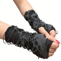 Women's Punk Style Fingerless Glove Cosplay Ripped Gloves For Halloween Costume