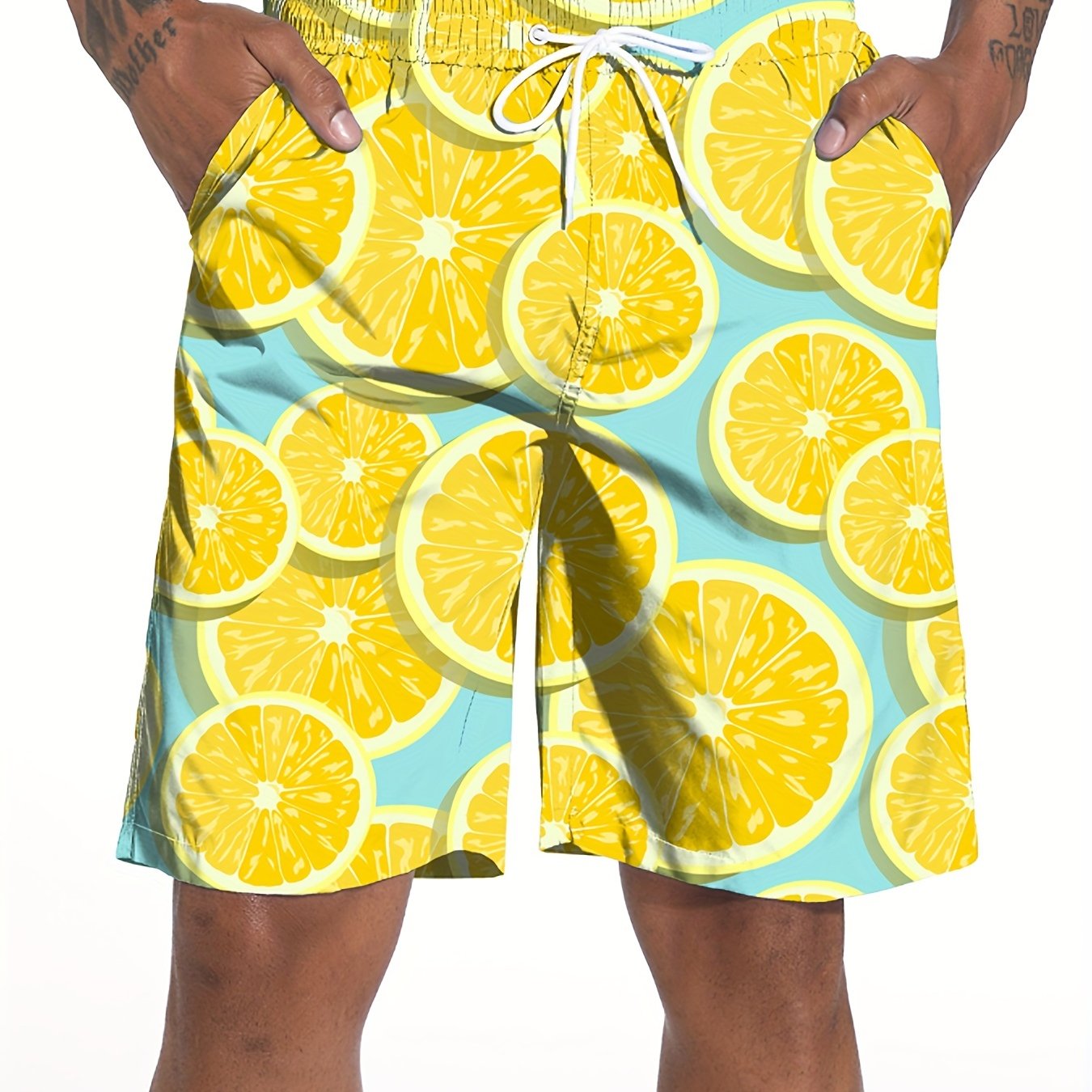 Orange Digital Print Men's Drawstring Sports Shorts With Pockets