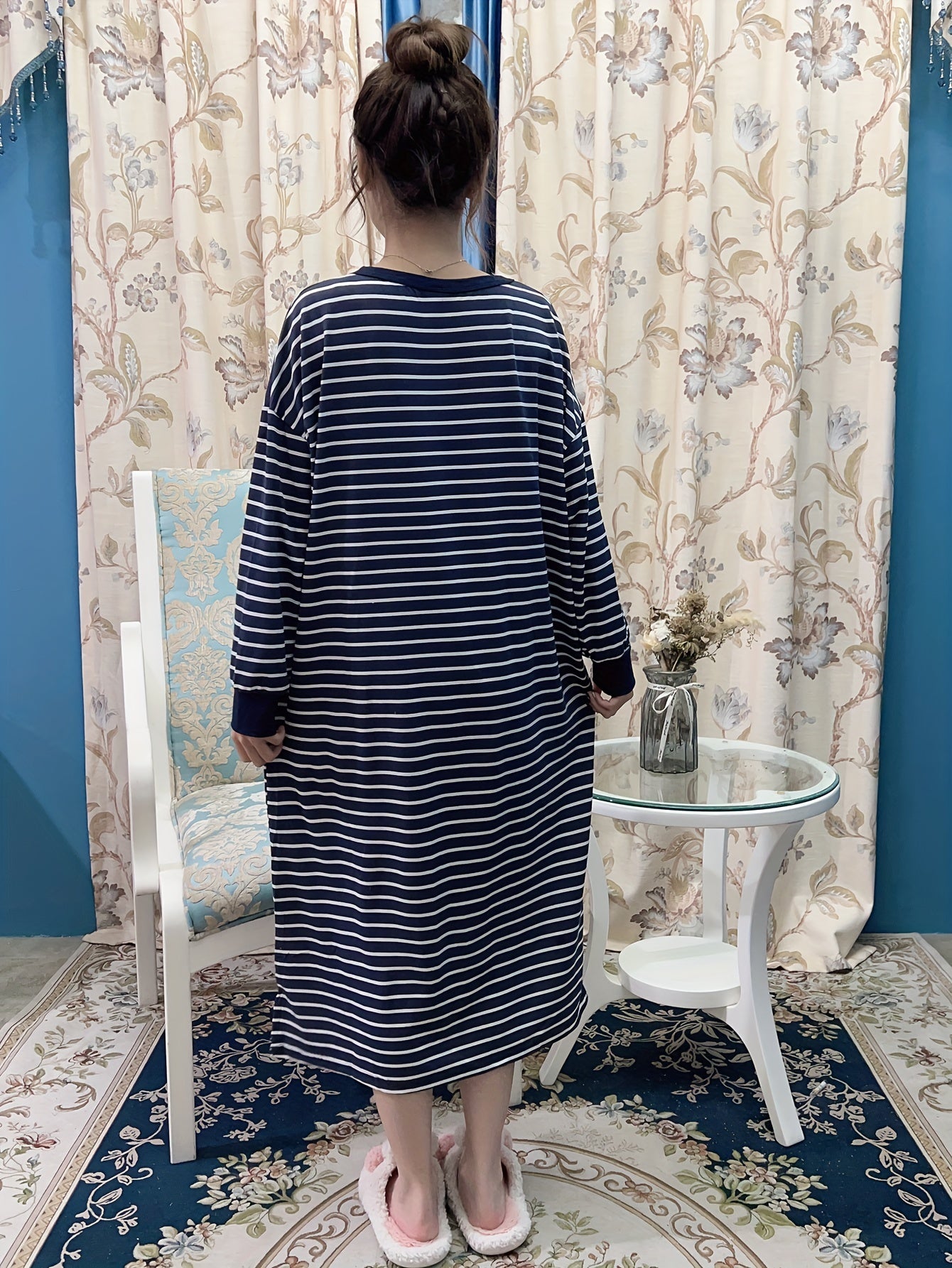 Watermelon Print Lounge Dress Long Sleeve Striped Home Dress