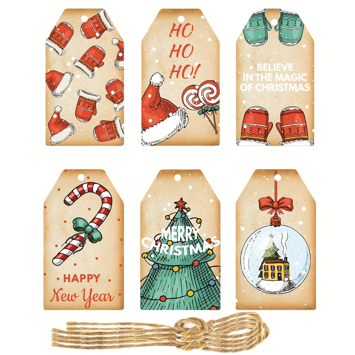 60pcs Christmas Bookmarks & Hanging Tags, 6 Styles, 10pcs Each, 60 Hemp Ropes