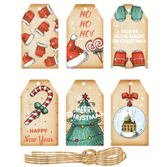 60pcs Christmas Bookmarks & Hanging Tags, 6 Styles, 10pcs Each, 60 Hemp Ropes
