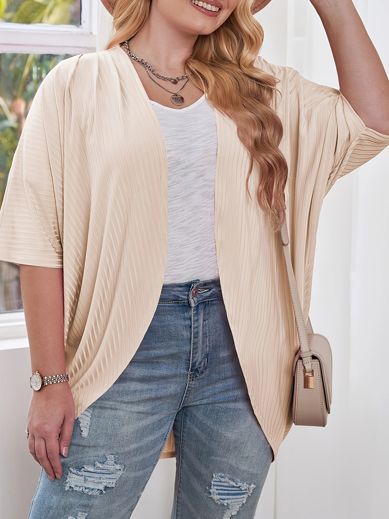 Ribbed Batwing Sleeve Open Front Cardigan