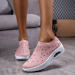 Rhinestone Rainbow Stripe Walking Shoes with Air Cushion