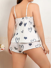 Heart Print Lace Trim V Neck Cami Top & Shorts Pajama Set