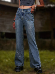 Butterfly Embroidery Flare Leg Jeans Bell Bottoms Denim Pants