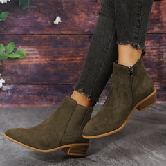 Solid Short Tube Point Toe Faux Leather Zipper Chunky Heel Casual Boots