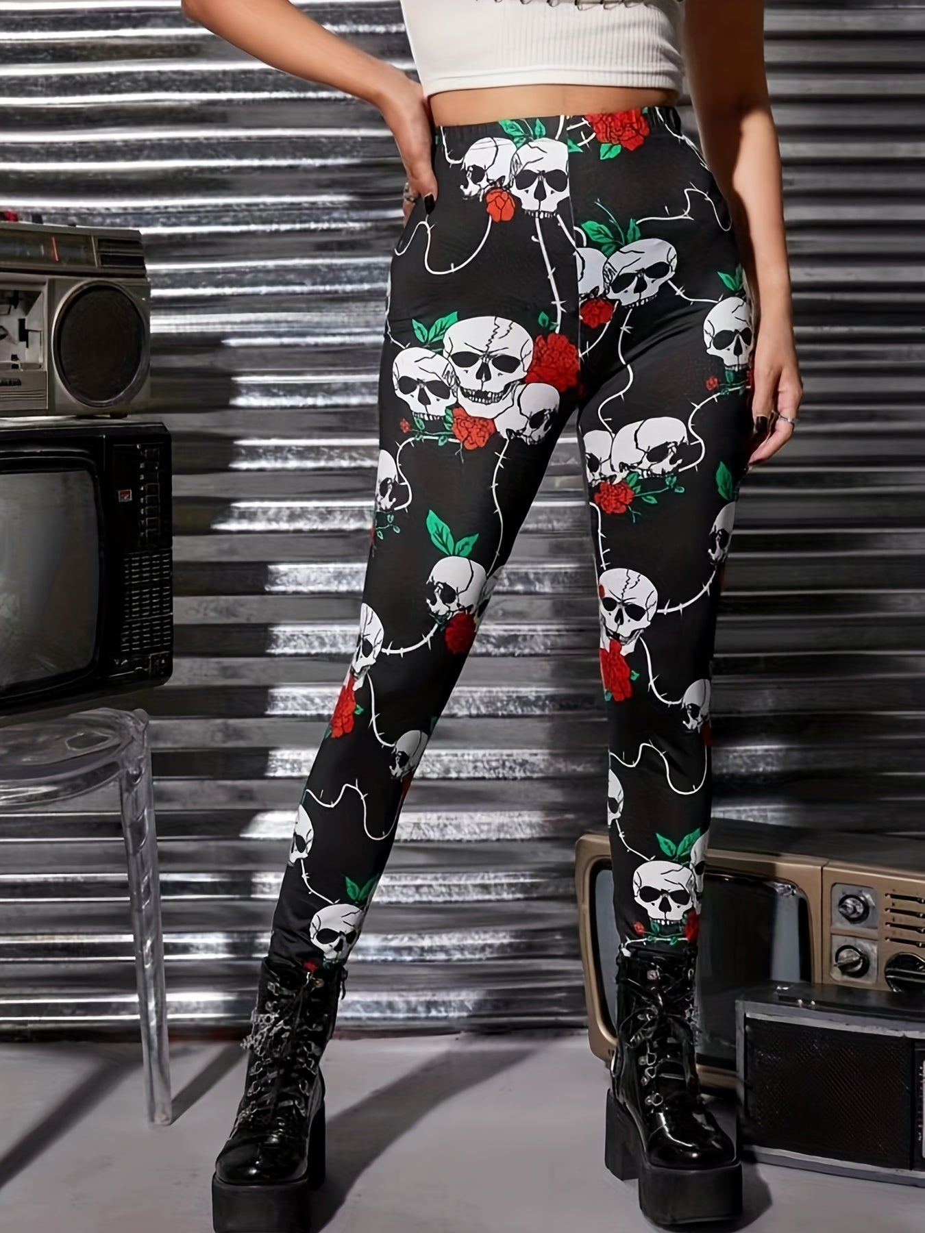 Rose & Skull Print High Waist Yoga Pants