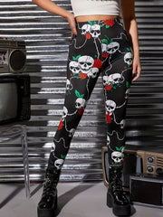 Rose & Skull Print High Waist Yoga Pants