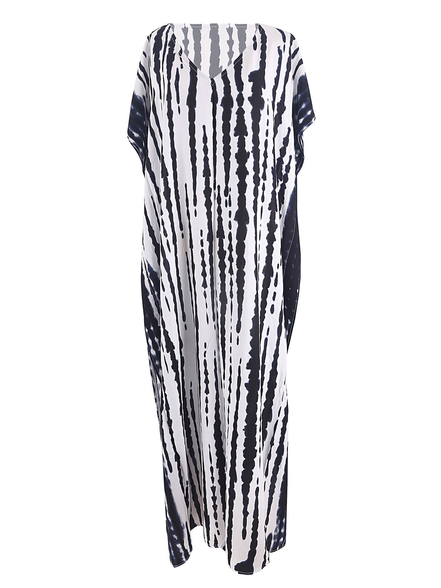 Stripes Print V Neck Beach Cover Up Dress Loose Fit Half Sleeves