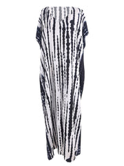 Stripes Print V Neck Beach Cover Up Dress Loose Fit Half Sleeves