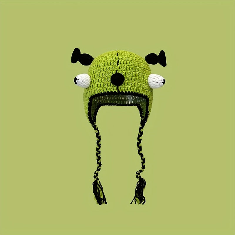 Big Eye Beanie Green Knit Hat Long Tassel Warm Lightweight Y2K Skull Hats Women