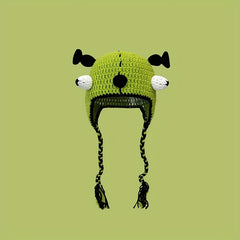 Big Eye Beanie Green Knit Hat Long Tassel Warm Lightweight Y2K Skull Hats Women