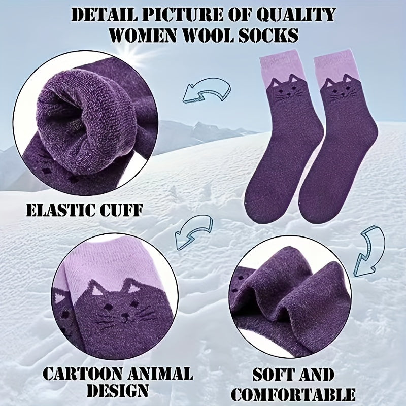 5 Pairs Winter Socks Vintage Animal Cat Pattern Thick Cozy Crew Socks