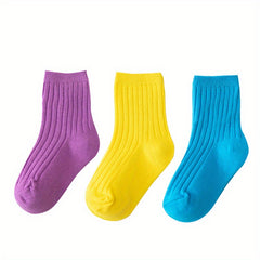 3 Pairs Kids Colorful Crew Socks, Fluorescent Striped, Four Seasons, Mid Tube