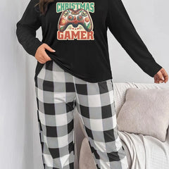 Christmas Pajama Set Gamepad & Letter Print Tee & Plaid Pants