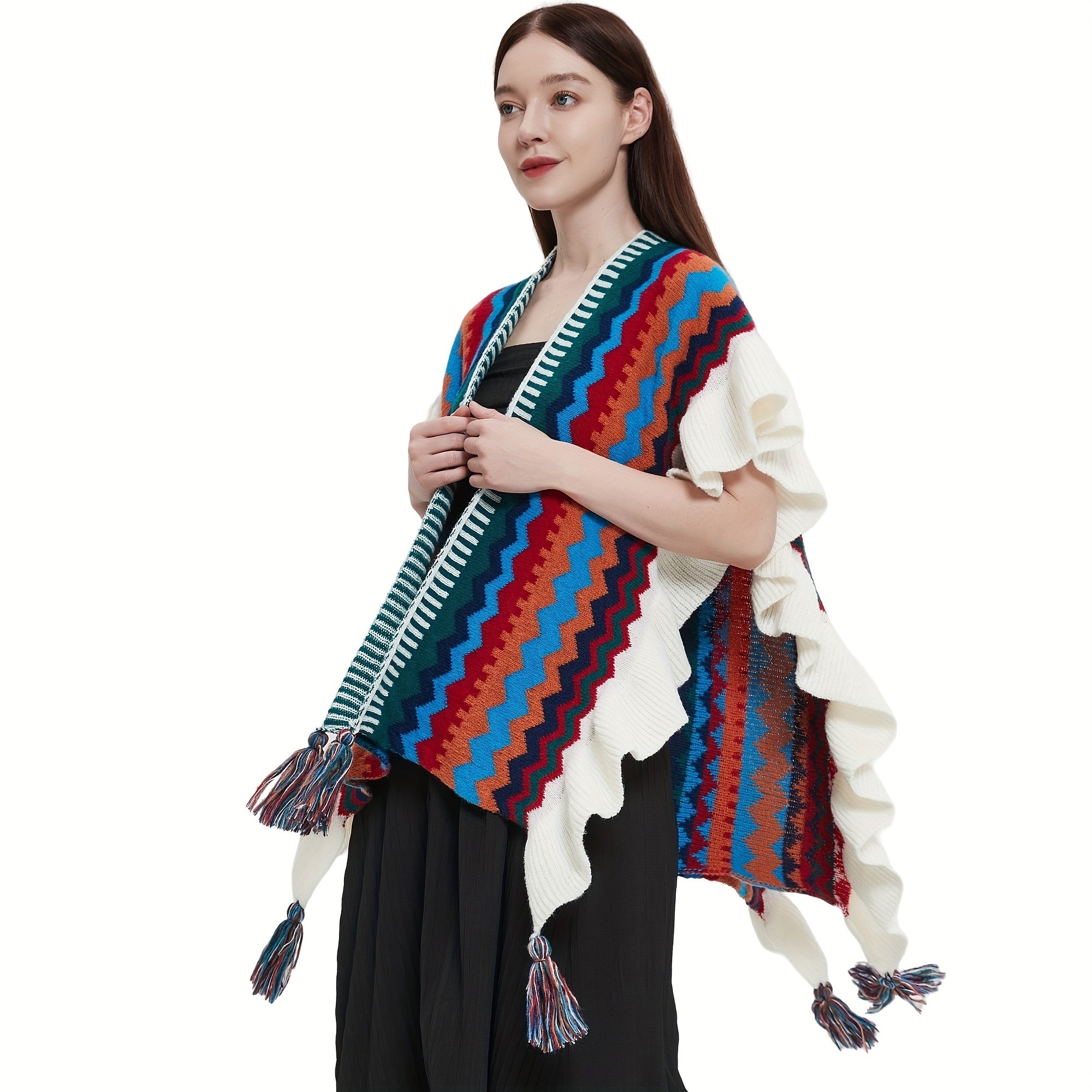 Boho Striped Large Shawl Classic Tassel Wrap Cape Ruffles Cardigan