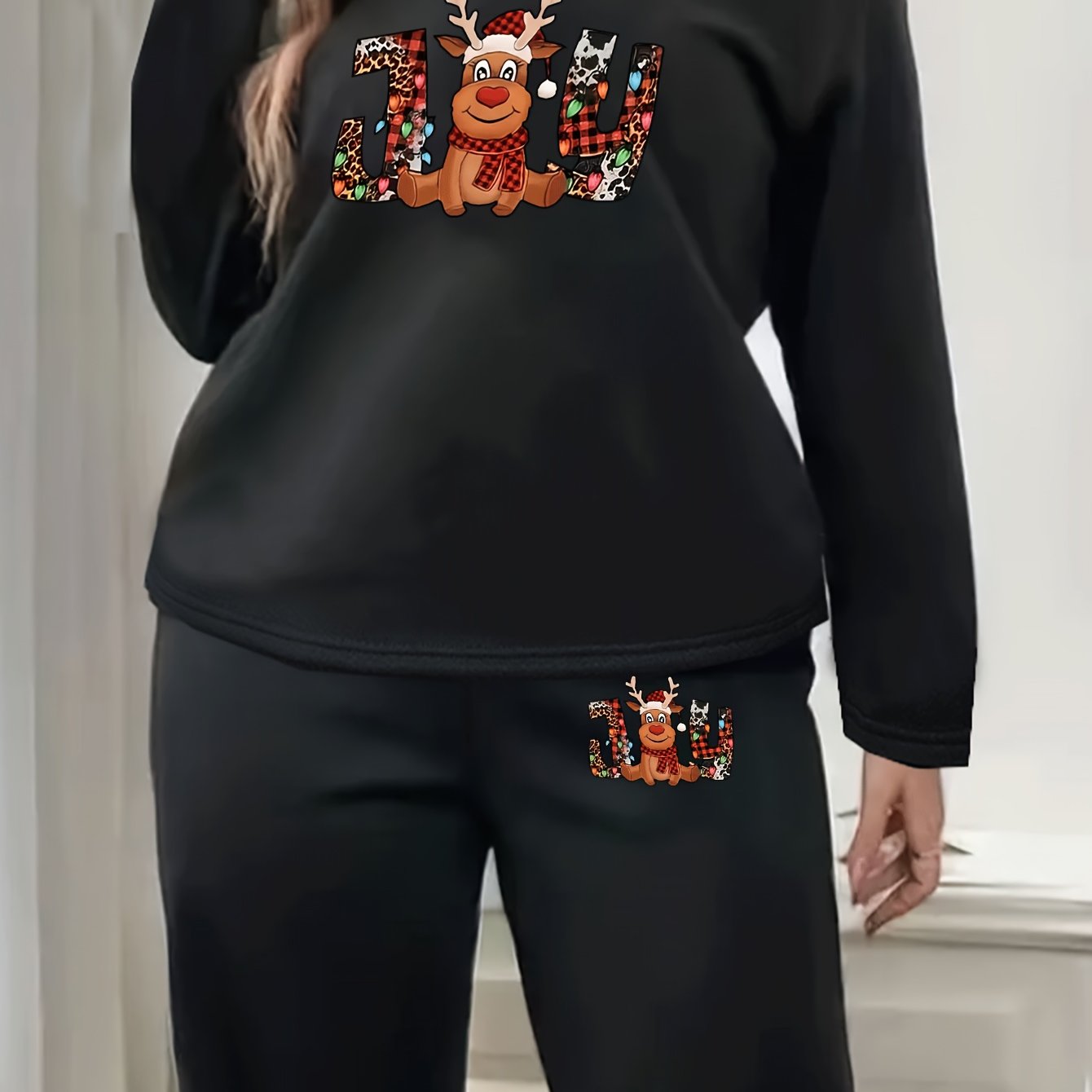 Women's Plus Reindeer Print Long Sleeve Top & Joggers Pajamas