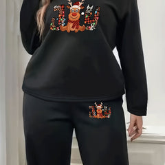 Women's Plus Reindeer Print Long Sleeve Top & Joggers Pajamas