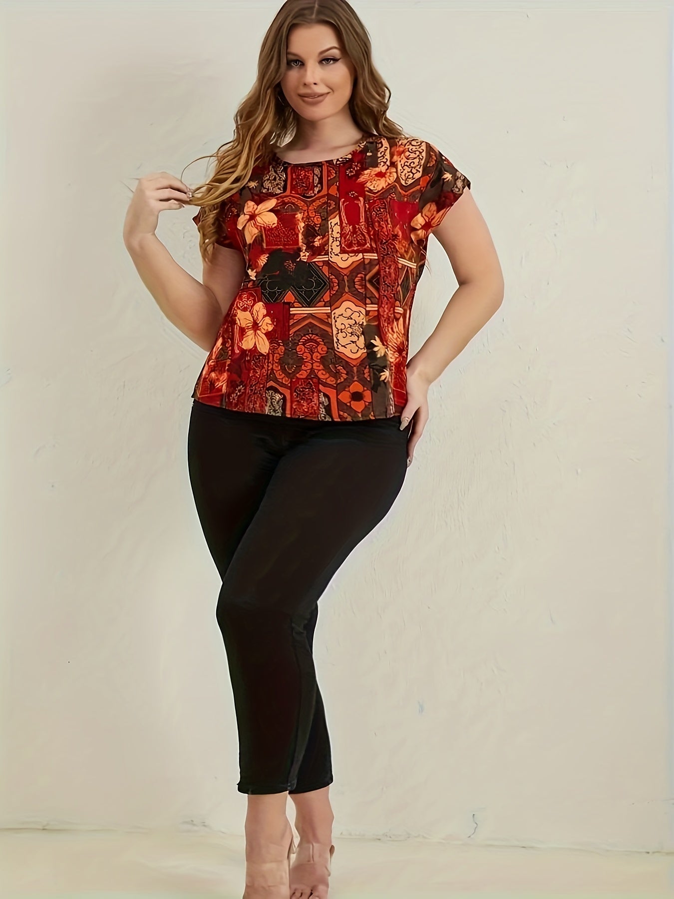 Boho Blouse Women's Plus Floral Print Short Sleeve Round Neck T
