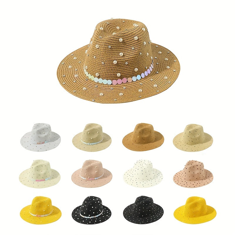Faux Pearl Decor Straw Fedora Cap Jazz Sun Hat for Women