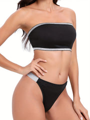 Rhinestone Contrast Trim Bra & Panties Set Women's Lingerie