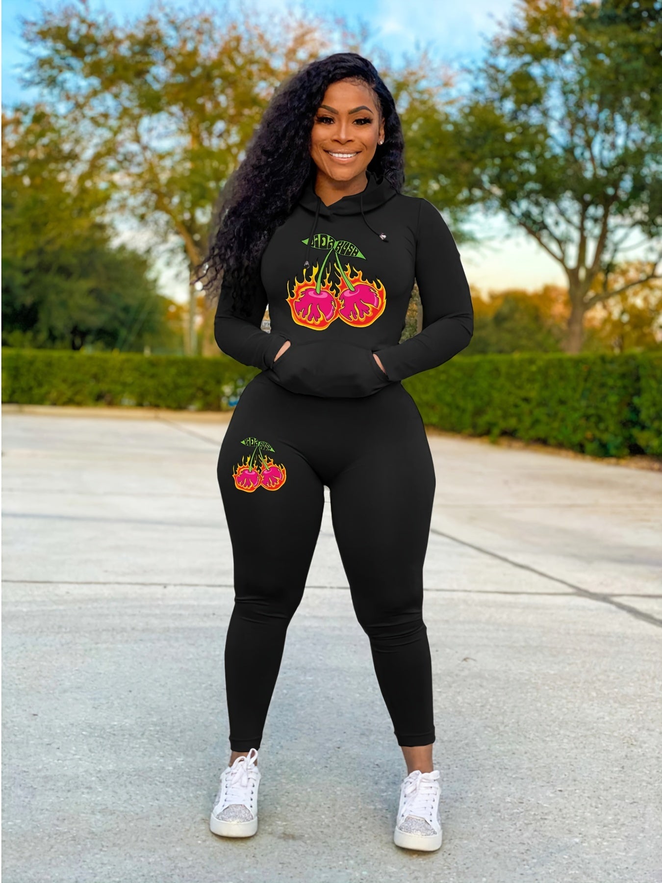 Cherry Print Sweatsuit Set Hoodies & Skinny Pants