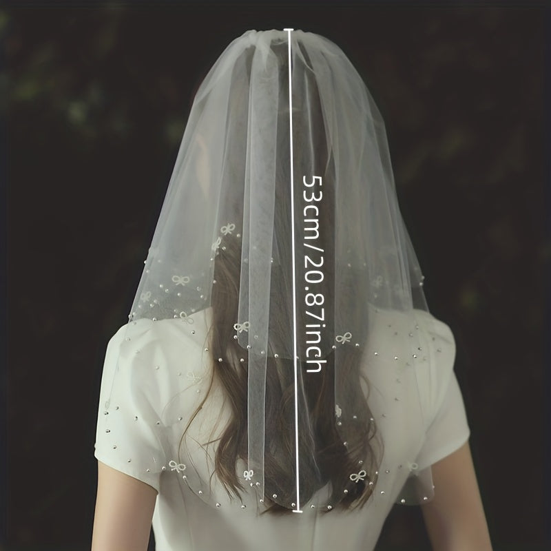 Double Layer Bridal Head Veil Comb Faux Pearl Wedding Hair Accessory