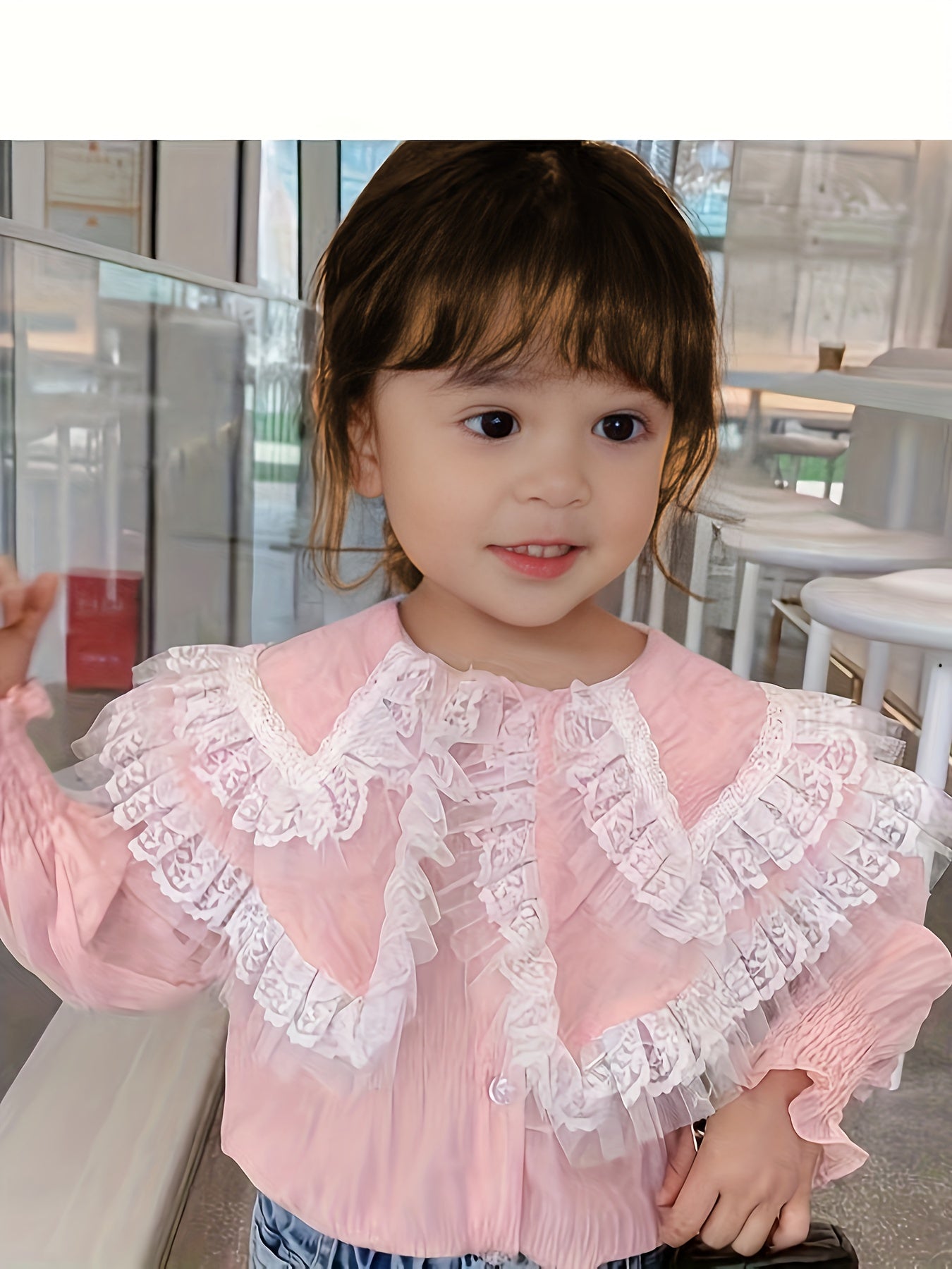 Girls Collared Long Sleeve Shirt with Flutter Trims for Spring and Autumn
