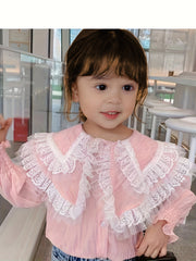 Girls Collared Long Sleeve Shirt with Flutter Trims for Spring and Autumn