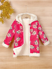 Girls Flower Print Fleece Hooded Coat Jacket, Warm for Autumn Winter