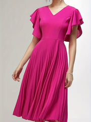 Solid Ruffle Sleeve V Neck Midi Party Dress