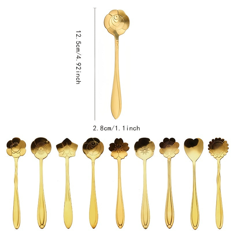 9pcs Stainless Steel Flower Coffee & Dessert Spoons, Rose Silver-Plated