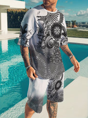 Ethnic Pattern Print Men's 2Pcs Casual Set: T-shirt & Drawstring Shorts