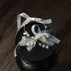 Mesh Ribbon Head Piece With Faux Pearl And Crystal Beads
