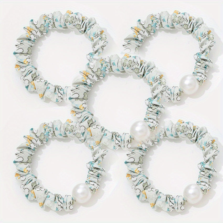 5pcs Floral Pearl Fabric Scrunchie Hair Tie Head Decoration Hair Accessories