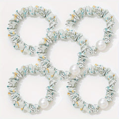 5pcs Floral Pearl Fabric Scrunchie Hair Tie Head Decoration Hair Accessories