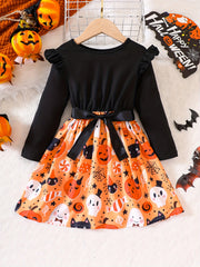 Girls' Cute Pumpkin Halloween Dress Long Sleeve Tee Dress