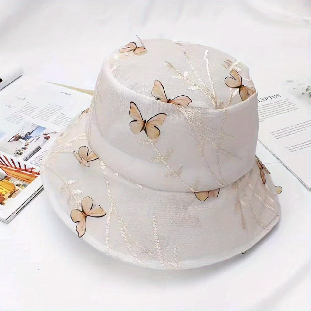 Flower Butterfly Decor Bucket Hat Lace Sun Hat Foldable Travel Beach Hats