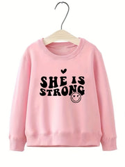 Girls Strong Smile Pattern Sweatshirt Round Neck Long Sleeve Top Pullover