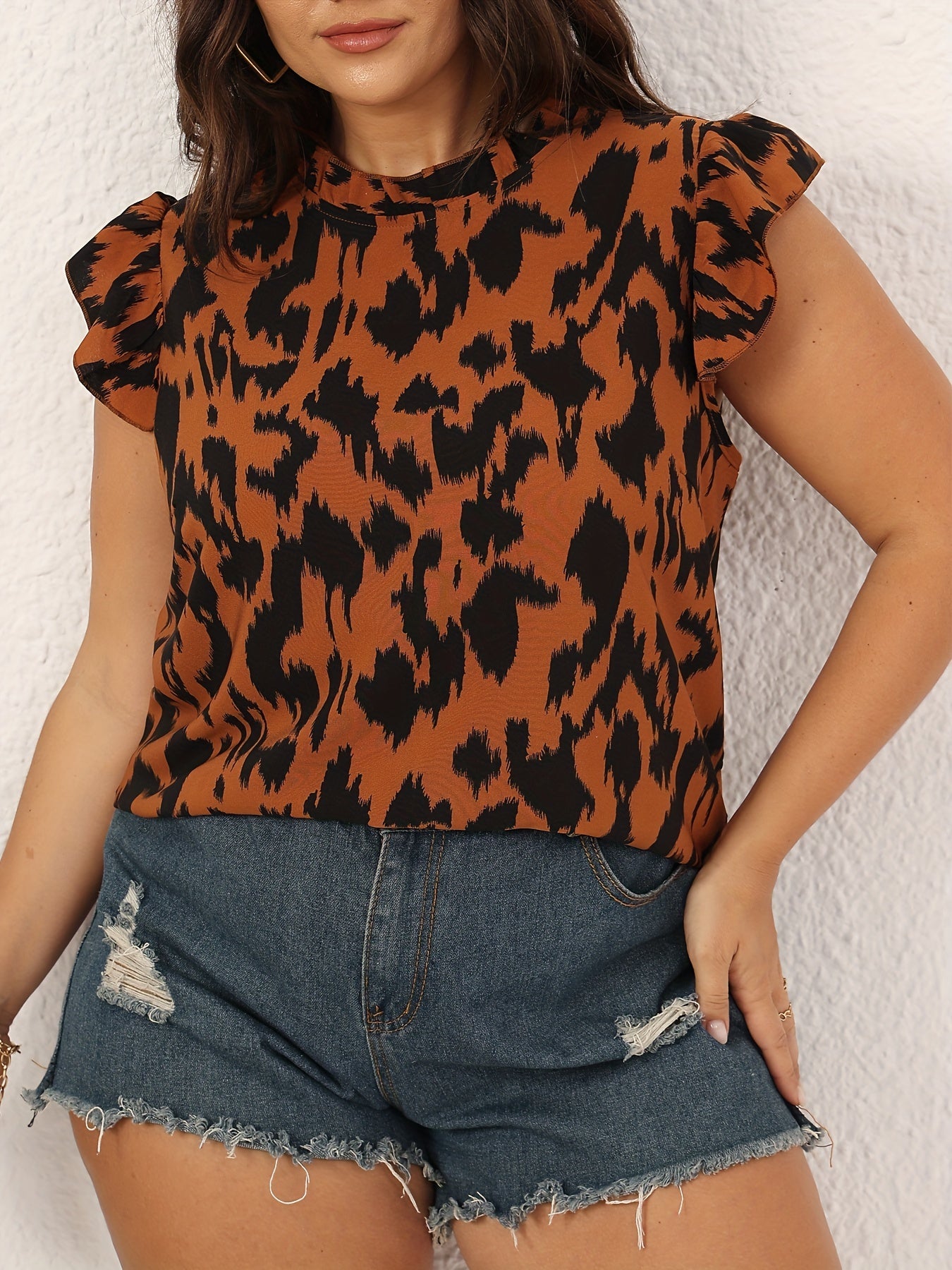 Women's Plus Leopard Print Ruffle Trim Mock Neck Tank Top